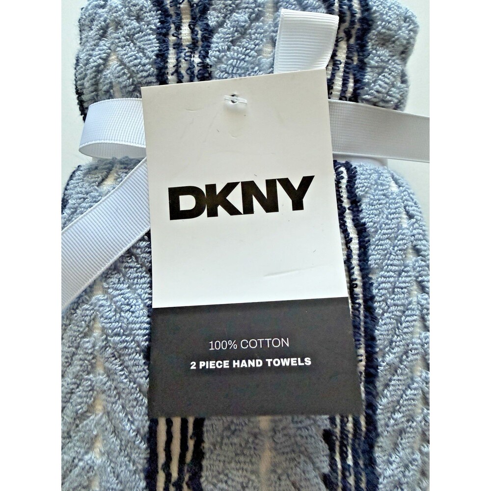 DKNY Hand Towels Set of 2 Blue Navy Herringbone Stripe Cotton 18x28 Super Soft